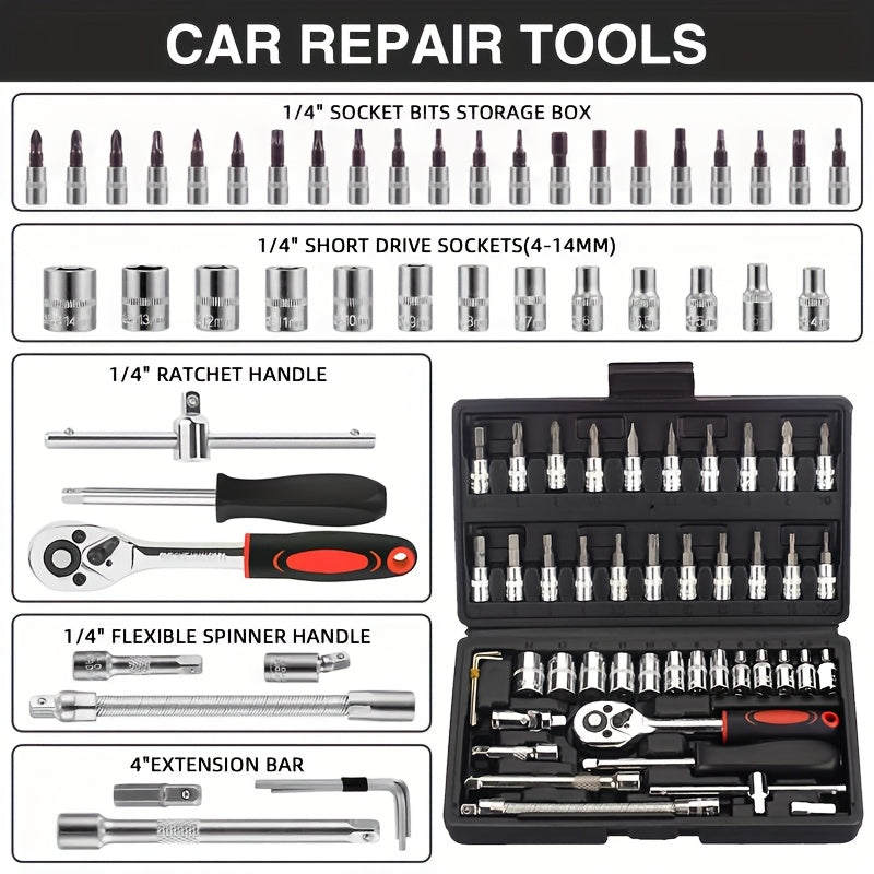 Premium 52/46pcs Toolkit for Automotive And Bicycle Repairs, Featuring a 1/4 Inch Drive Depth And Standard Wrench Collection