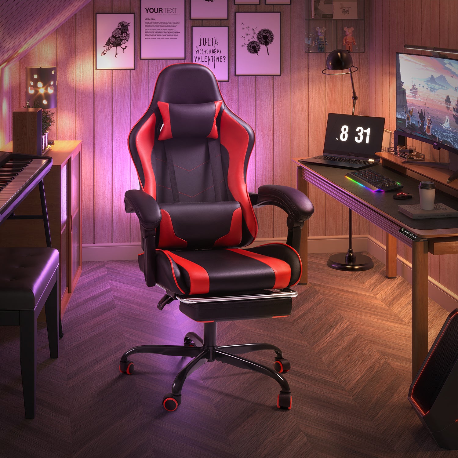 High-back Gaming Chair Adjustable Ergonomic Backrest With Footrest, Headrest And Massage Option, 360 Degree Swivel