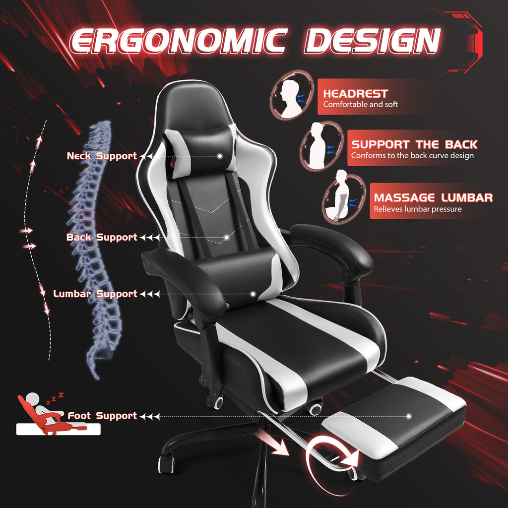 High-back Gaming Chair Adjustable Ergonomic Backrest With Footrest, Headrest And Massage Option, 360 Degree Swivel