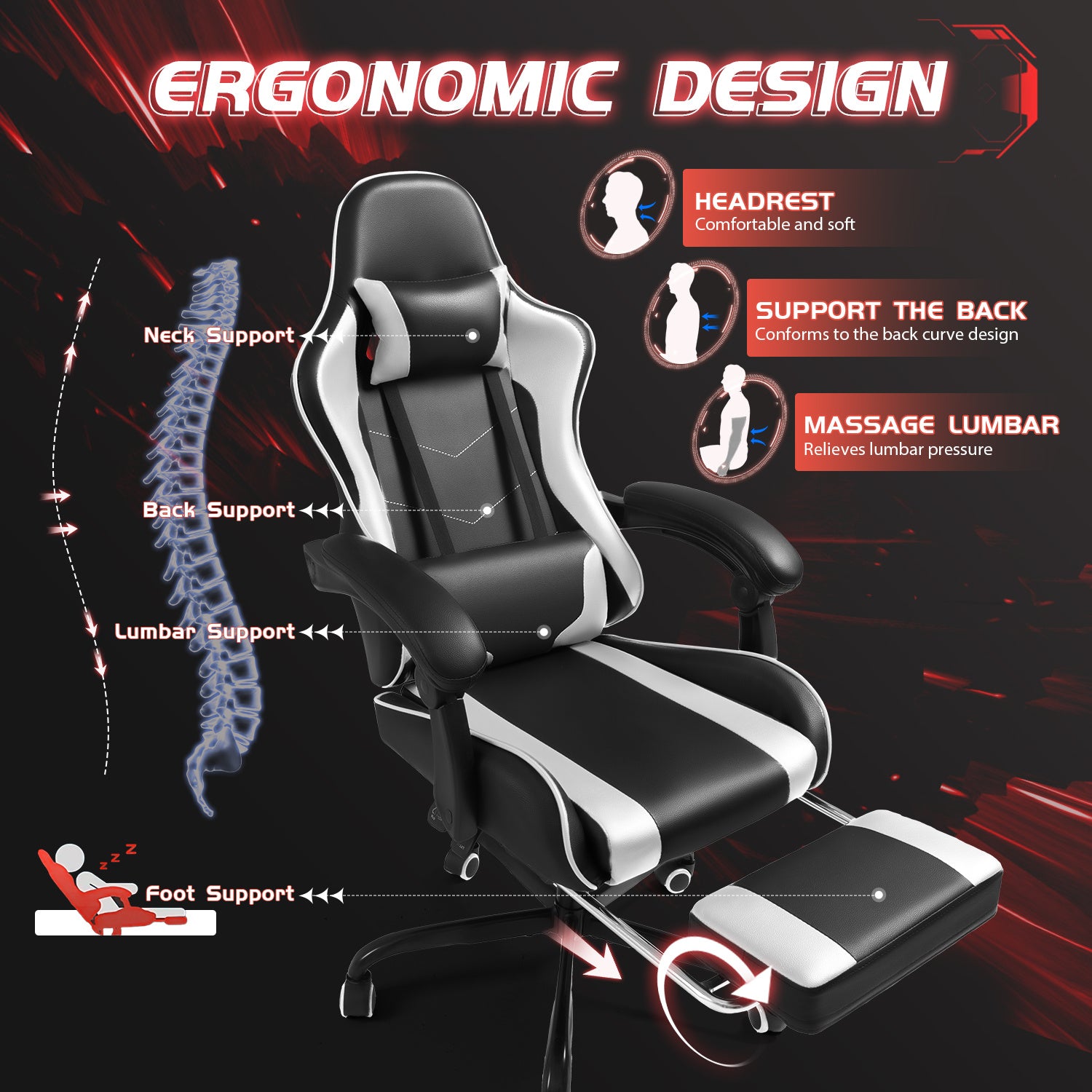 High-back Gaming Chair Adjustable Ergonomic Backrest With Footrest, Headrest And Massage Option, 360 Degree Swivel