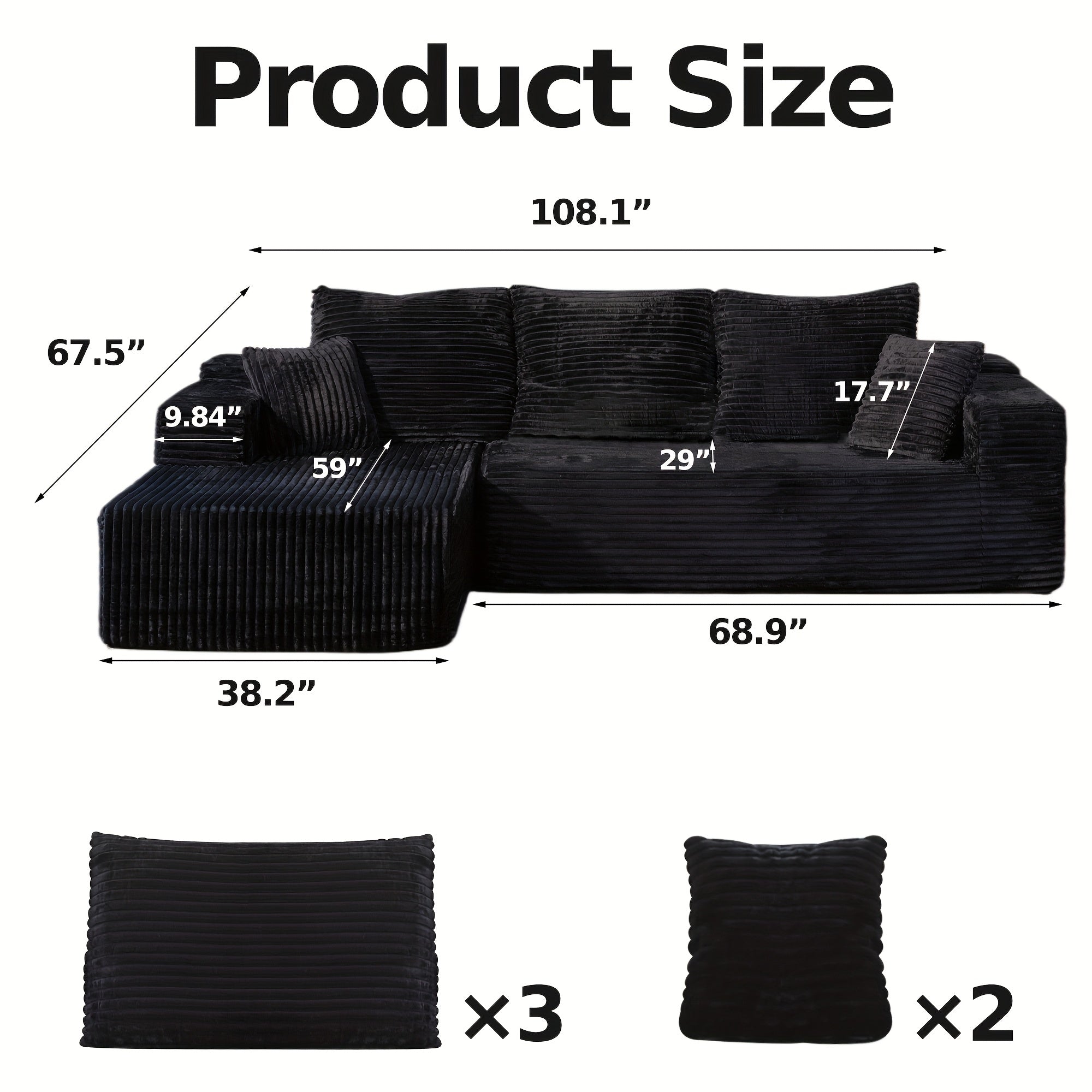 Minimalist L Shaped Couch With Right Facing Chaise, No Assembly Required