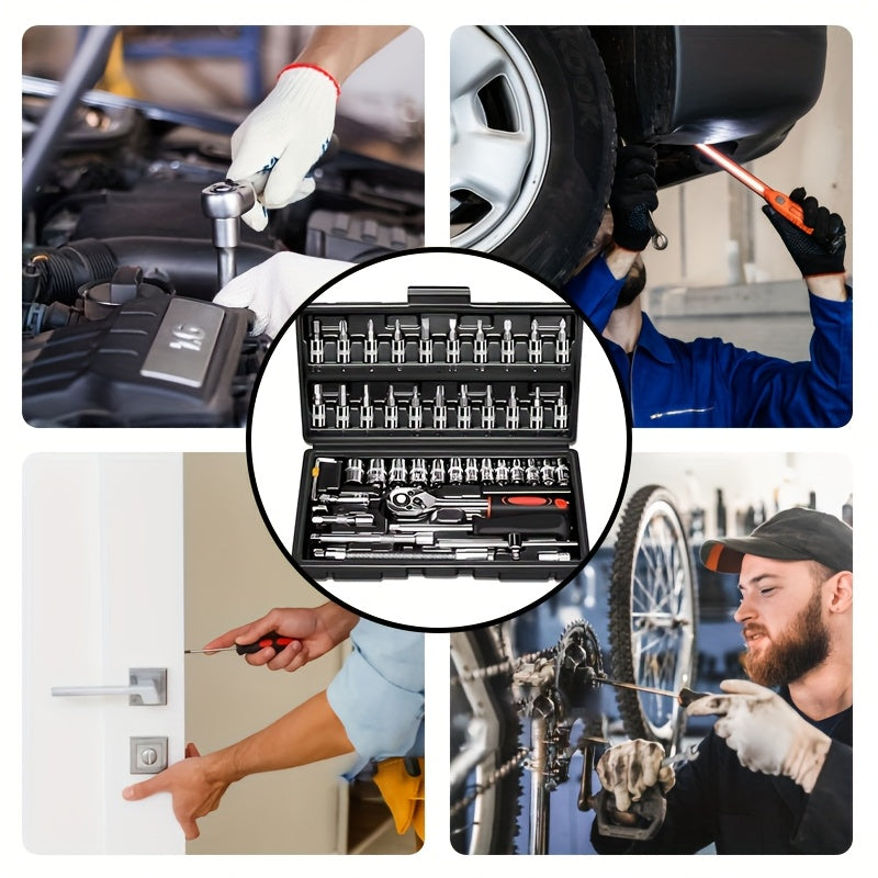 Premium 52/46pcs Toolkit for Automotive And Bicycle Repairs, Featuring a 1/4 Inch Drive Depth And Standard Wrench Collection