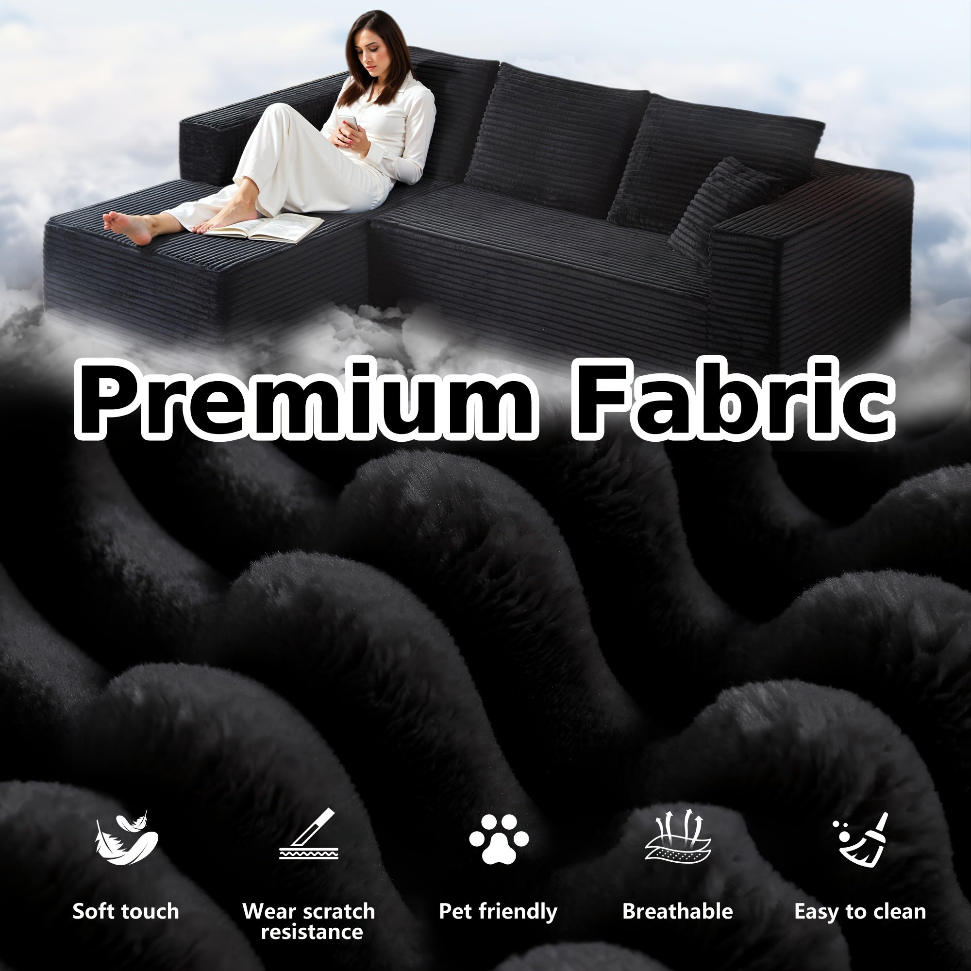 Minimalist L Shaped Couch With Right Facing Chaise, No Assembly Required