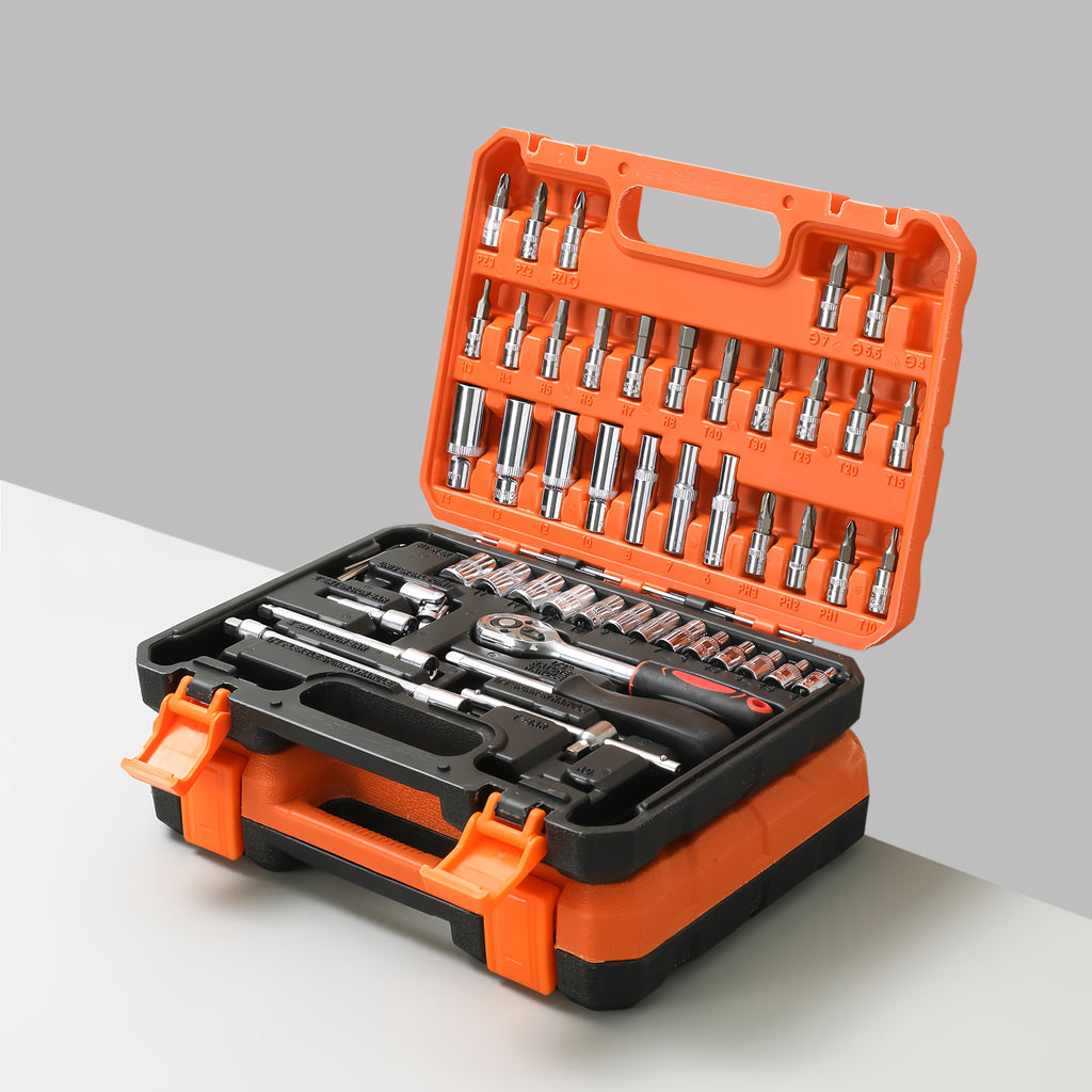 Premium 52/46pcs Toolkit for Automotive And Bicycle Repairs, Featuring a 1/4 Inch Drive Depth And Standard Wrench Collection