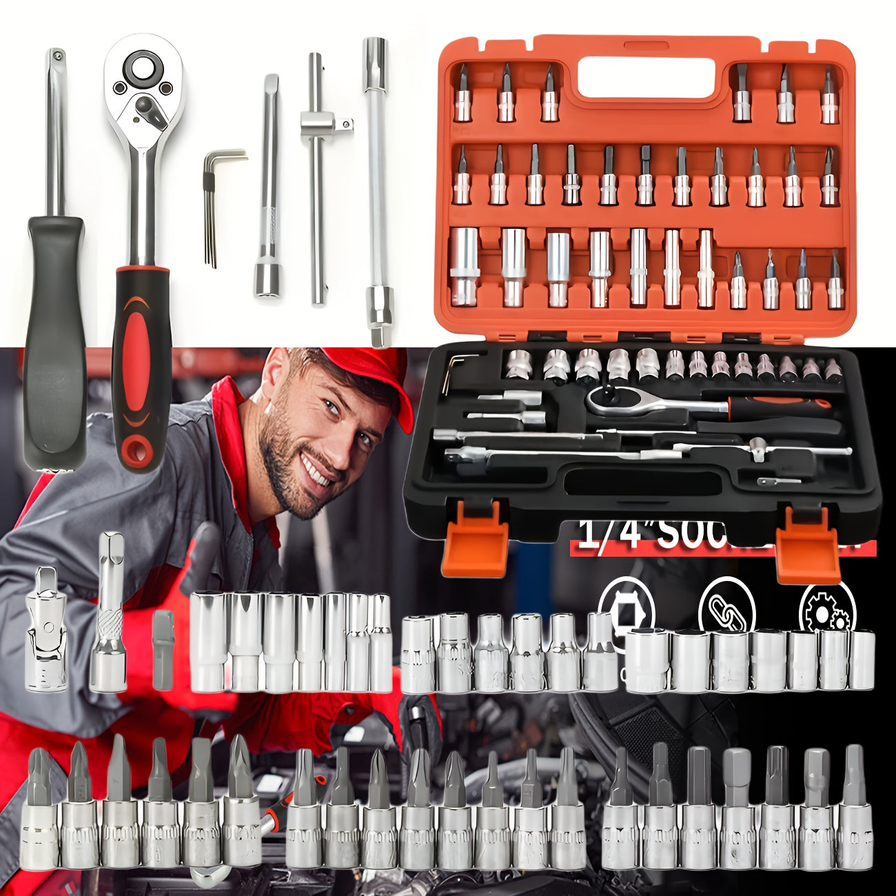 Premium 52/46pcs Toolkit for Automotive And Bicycle Repairs, Featuring a 1/4 Inch Drive Depth And Standard Wrench Collection