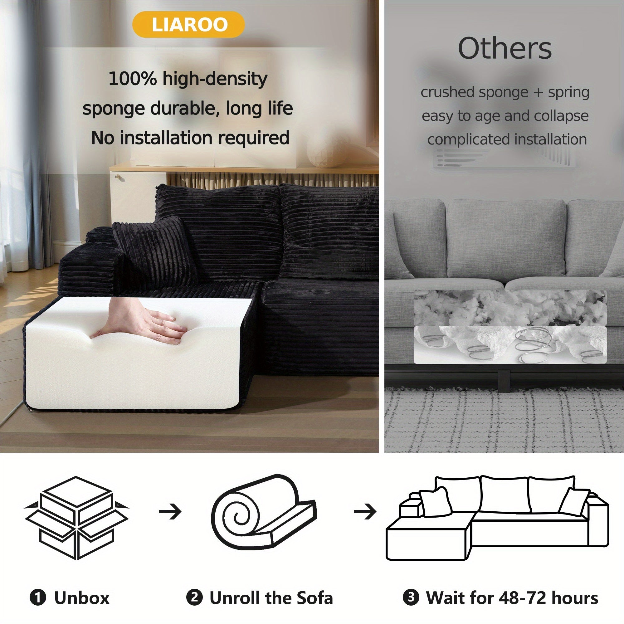 Minimalist L Shaped Couch With Right Facing Chaise, No Assembly Required