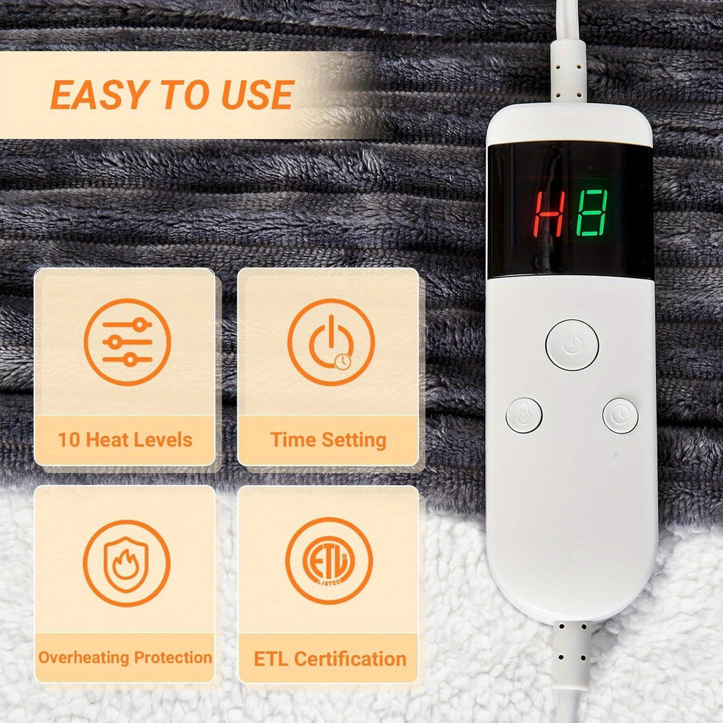 Soft Flannel Electric Heated Blanket with Digital Thermostat & 10 Heat Settings - 8-Hour Auto Shut-Off and Overheat Protection, Machine Washable